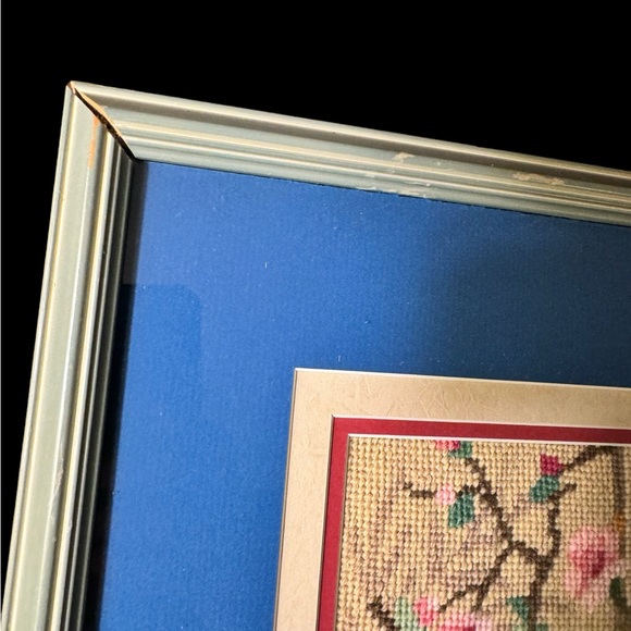 Vintage Needlepoint  Cherry Blossom Framed Picture 19”x21” Fruits Flowers 60s - Picture 5 of 14